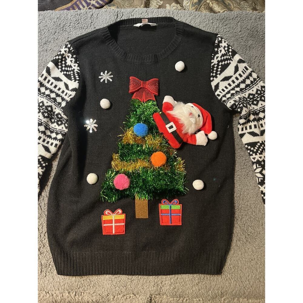 NoBo Christmas Sweater Juniors Large Pom Pom Santa Tree Gifts. Holiday